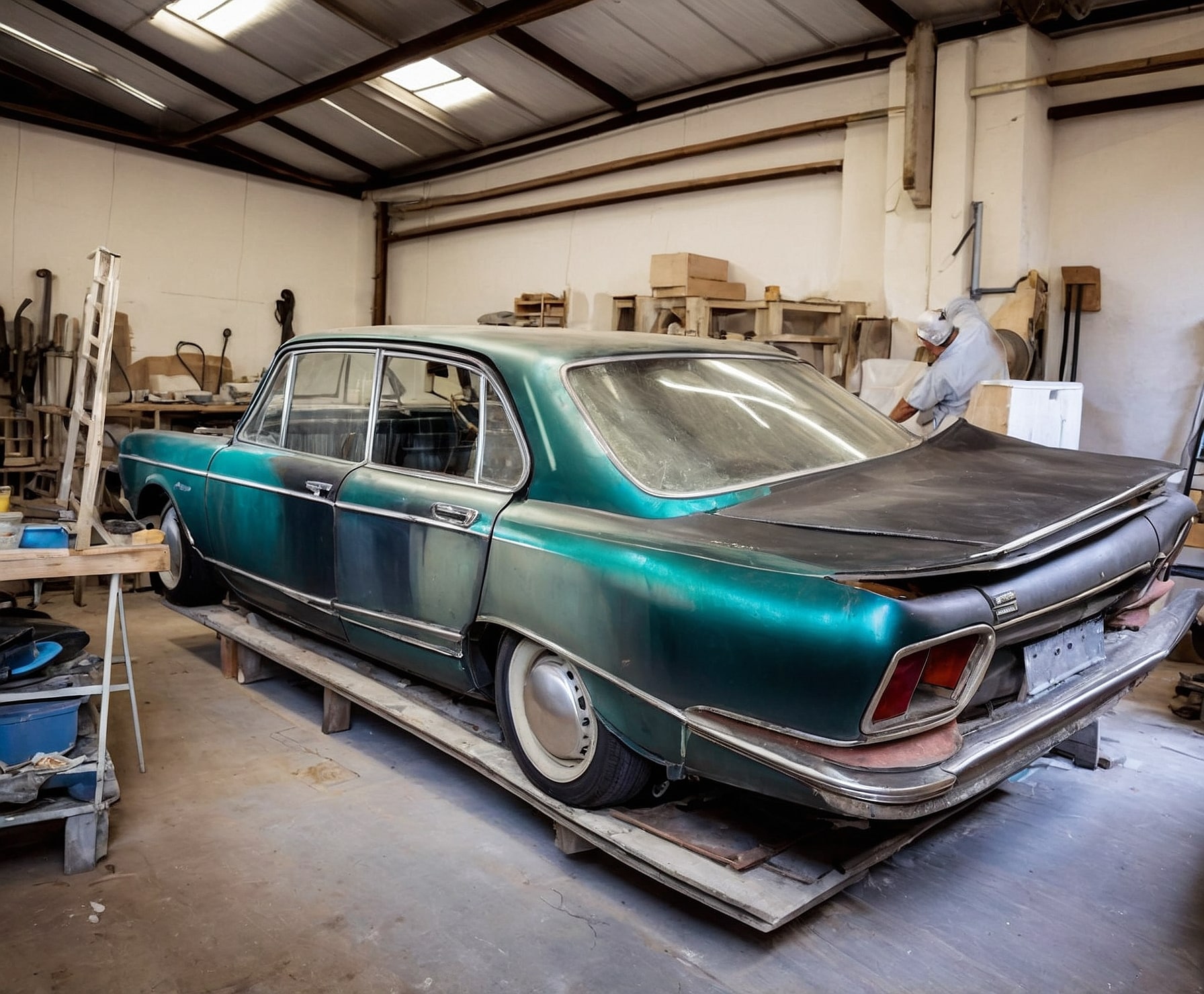 Restauración de carrocería de automóvil clásico.